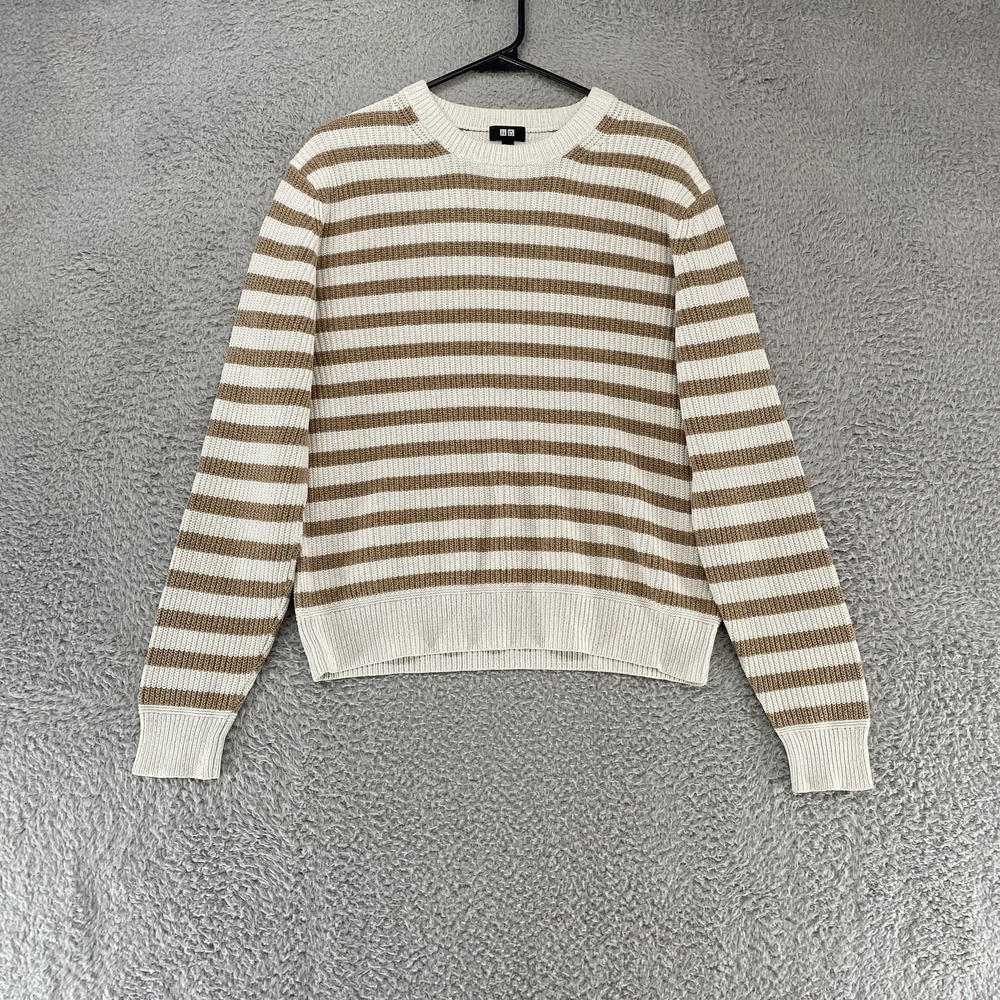 Uniqlo Sweater Mens Medium Beige White Striped Knit Pullover Crewneck Casual